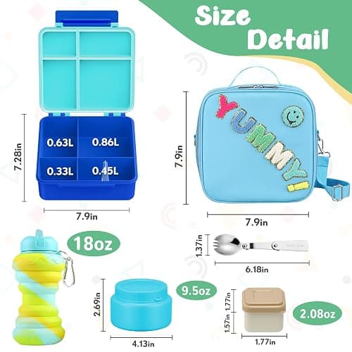 Bento Lunch Box with 10oz Soup Thermo for Kids Insulated Lunch Bag & Foldable Silicone Cup Food Leak Proof Food Container with 5 Compartment for Kid to Shool Travel thumbnail 3