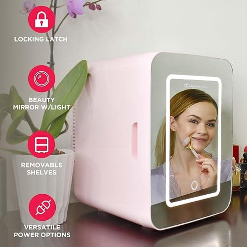 FRIGIDAIRE Mini Personal Fridge Cooler, LED Lighted Mirror, 6.5L Capacity, 9 Cans, 100% Freon-Free & Eco Friendly, for Makeup, Skincare, Portable, Pink thumbnail 4