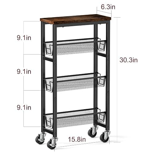 Honest Slim Storage Cart 4-Tier Slim Rolling Cart with Metal Frame and Wooden Top, 6.3 Inches, Storage Cart for Kitchen, Dining Room, Living Room, Bathroom, Home Office, Rustic Brown and Black thumbnail 2