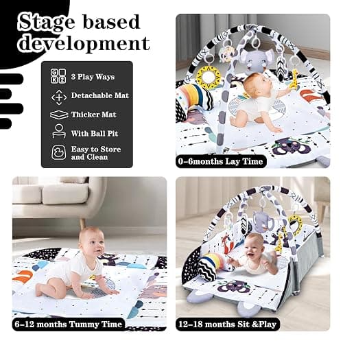 TFDER Baby Gym Play Mat, 5-in-1 Tummy Time Mat & Activity Gym, Washable Ball Pit, Infant Play Mat with Detachable Toys for Sensory Exploration and Motor Skill Development thumbnail 4