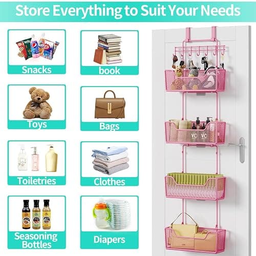 HapiRm Over Door Organizer Storage - Hanging Door Organizer with 4 Metal Large Capacity Baskets and Adjustable Coat Hook for Bathroom Bedroom Kitchen Pantry Closet Cabinet thumbnail 7