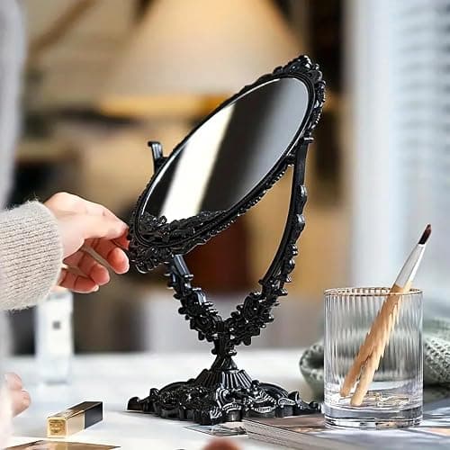 SUNLOREN Vintage Black Tabletop Makeup Mirror, Ornate Antique Oval Swivel Vanity Mirror with Floral Carved Frame, Freestanding Decorative Dresser Mirror for Bedroom Bathroom Decor thumbnail 5