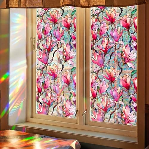 Fenster-Sichtschutzfolie, Motiv: Regenbogen-rosa Magnolien-Blüten, Sonnenschutz, dekorativ, PVC, Buntglas-Fensteraufkleber, nicht klebend, statisch haftender Aufkleber für Zuhause, Büro, 43,02 x thumbnail 5