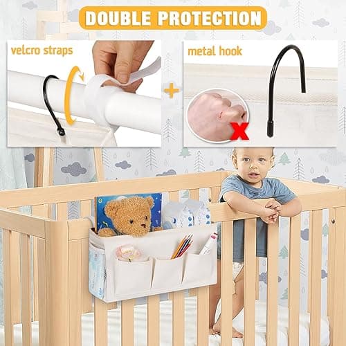 Lilithye Bedside Caddy Bedside Organizer Bedside Storage Caddy with Fixed Straps and Water Bottle Holder for Home College Dorm Bunk Bed Hospital Bed Crib Bed Rails (White) - White thumbnail 4