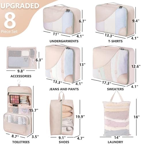 10 Set/8 Set Packing Cubes for Travel, Gifts for Women Mom,Anti-Tearing Suitcase Organizer for Luggage with Shoe & Hanging Toiletry Bag,OlarHike Vacation Essentials & Accessories for Cruise Ship,Cream thumbnail 2