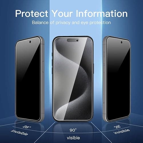 NEW'C 3 Pack Privacy for iPhone 15 Pro Screen Protector (6.1 inches), Anti-Spy Tempered Glass Film,Case Friendly Ultra Resistant,Balanced 28-Degree Privacy Angle - Easy installation tool included thumbnail 3