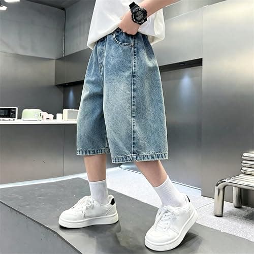 Boy's Denim Shorts Baggy Casual Jorts Elastic High Waist Wide Leg Jean Shorts Y2K Loose Fit Basic Bermuda Knee Length Jeans thumbnail 2
