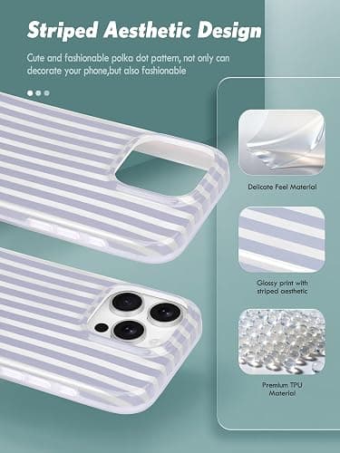Compatible with iPhone 16 Pro Max Case, with Aesthetics Striped Design Case for Women Girl, Cute Fashion Soft TPU Slim Protection Phone Case for iPhone 16 Pro Max 6.9'' - Light Blue & White thumbnail 3
