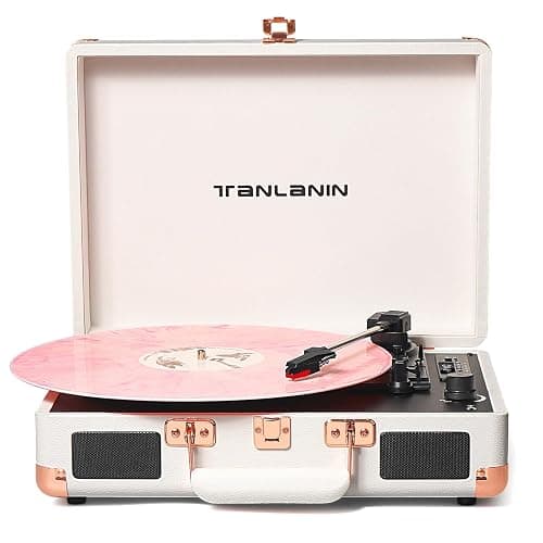 Vinyl Record Player Bluetooth Vintage 3-Speed Portable Suitcase Turntables with Built-in Speakers, Belt-Driven LP Player Support USB Recording AUX-in RCA Line Out Headphone Jack, White - White Rose Gold - Image 1