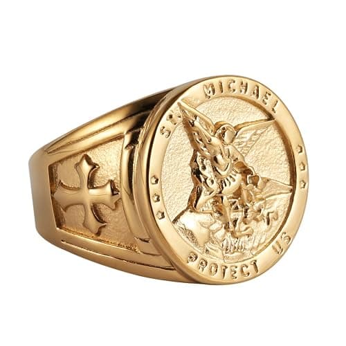 HZMAN St. Michael San Miguel The Great Protector Archangel Defeating Satan Figurine Stainless Steel Amulet Ring thumbnail 2