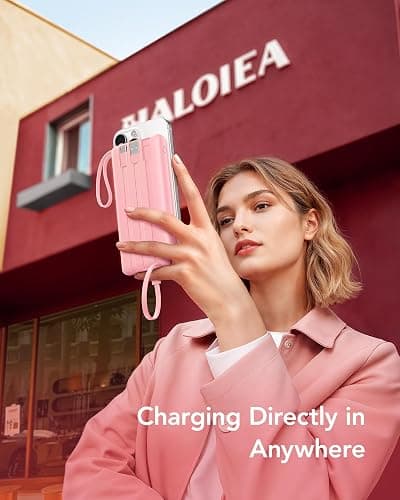 VRURC 10000mAh Power Bank With Built in Cables,USB C Battery Pack Portable Charger with 5 Outputs 2 Inputs Powerbank LED Display compatible with iPhone 17 16 15 14, Samsung,Android-Pink thumbnail 2