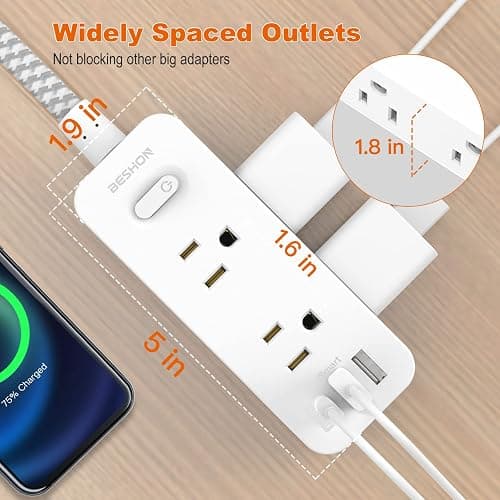 Power Strip Surge Protector, BESHON 5Ft Extension Cord, 6 Outlets with 3 USB Ports(1 USB C Outlet), 3-Side Outlet Extender, Wall Mount, Compact for Travel, Home, School, College Dorm Room and Office thumbnail 6