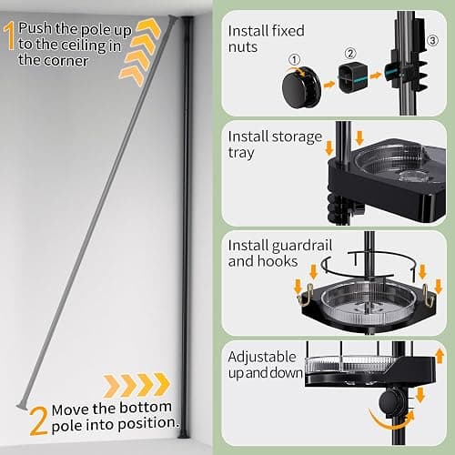 shuang qing 360° Rotating Corner Shower Caddy Tension Pole Organizer - 4-Tier Adjustable Rustproof Metal Pole, Plastic Shelves with Safety Guardrail, Bathroom Storage for Shower & Bathtub(Black) thumbnail 8