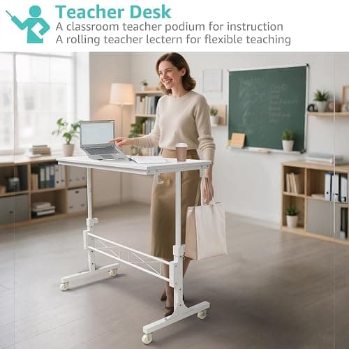 WINAZ Rolling Standing Desk with Wheels, 32" Adjustable Height Small Portable Teacher Desk for Classroom, Mobile Treadmill Walking Pad Table for Laptop, Compact White Home Office Workstation thumbnail 4