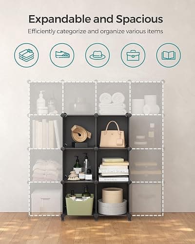 SONGMICS 6 Cube Storage Organizer, Modular Bookshelf, DIY Closet Organizers and Storage, Plastic Stackable Shelves, 11.8 x 11.8 x 11.8 Inch Cubes, with Feet and Rubber Mallet, Black ULPC06H thumbnail 6