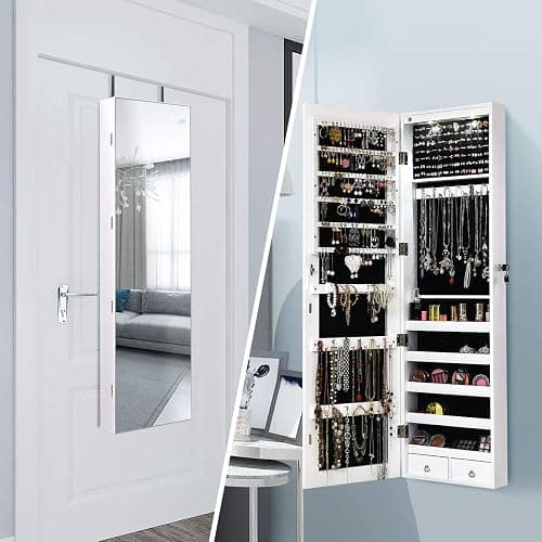 Giantex Wall Door Mounted Jewelry Armoire Cabinet with 47.5" Full Length Mirror, 2 LEDs Lockable Jewelry Organizers and Storage with 2 Drawers, Over the Door Jewelry Organizer Cabinet (White) thumbnail 2