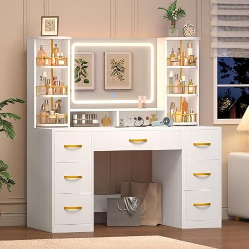 Vanity Desk with Mirror and Lights, White Makeup Vanity Table with 360° Rotating Shelves, Large Vanity Desk with 7 Drawers, Power Outlet, Dressing Table Set with Lighted Mirror Adjustable, for Bedroom thumbnail 4