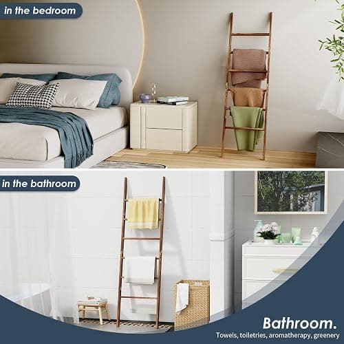 6-Tier Blanket Ladder Wooden, 5.7FT(66.5'') Blanket Quilt Towel Holder Rack Decorative Ladder, Easy Assembly, Rustic Farmhouse Ladder Shelf for The Living Room Bedroom Bathroom Home Decor, Brown thumbnail 6