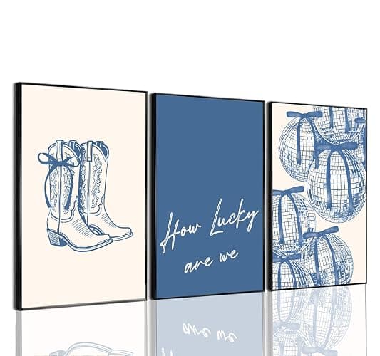 3 Pcs How Lucky Are We Canvas Wall Art Blue Disco Bows Posters Coastal Cowgirl Pictures Print Girly Western Wall Art Aesthetic Dorm Decor for Girls Room Bedroom Living Room Apartment Bathroom Decoration 12*16In Unframed - Image 1