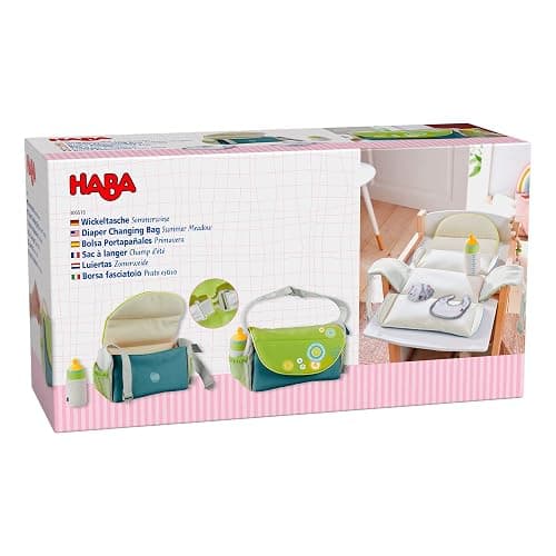 HABA Baby Doll Diaper Bag with Soft Bottle & Reusable Cloth Doll Diapers, Folds into Changing Mat, Summer Meadow Print Toddler Pretend Play Accessories for Ages 18 Months & Up thumbnail 9