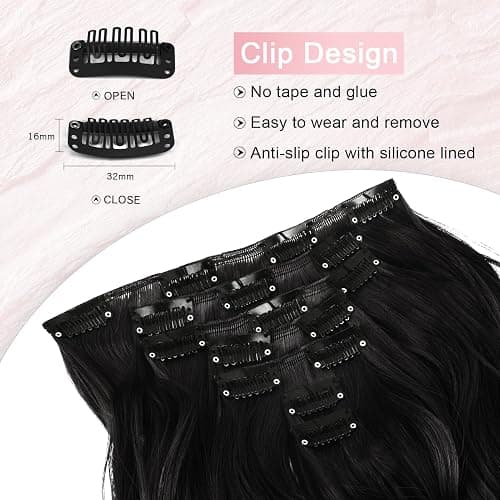 Vlasy Hair Extensions Clip in,7PCS Wavy Clip in Extensions,20 Inches Long Synthetic Clip on Hair Hairpiece Full Head for Women Girls(1B#) thumbnail 3
