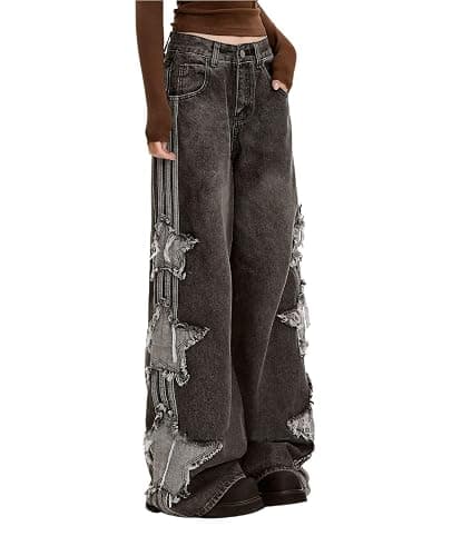Lafaguw Baggy Jeans for Woman Girls Star Patchwork High Waist Cute Jean Streetwear Loose Pants Grunge Emo Clothing thumbnail 2