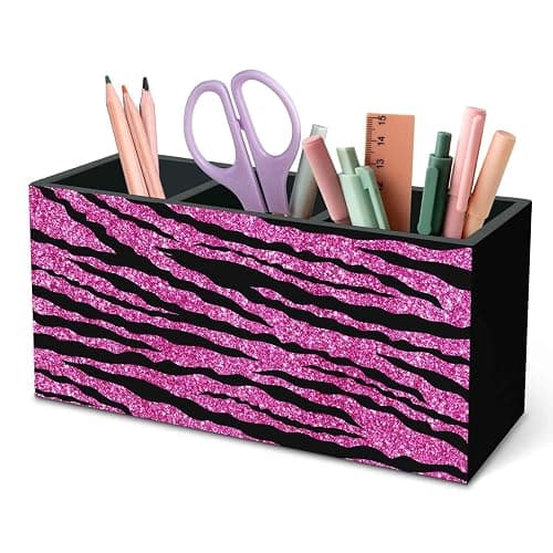 DILSJ Hot Pink Zebra Print Pen Pencil Holder Organizer for Desk, Mcbling Room Decor, Y2k Decor Mcbling Wooden Box Signs for Home Office Desk Tabletop Decoration - Image 1