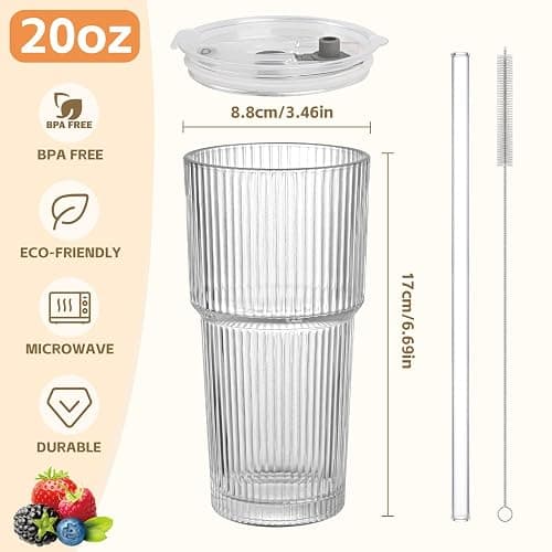 AUFXKOO 20oz Ribbed Glass Cups with Lids and Straws,2PCS Glass Tumbler with Straw and Lid,Drinking Glasses for Iced Coffee Cups,Juice,Smoothies thumbnail 3