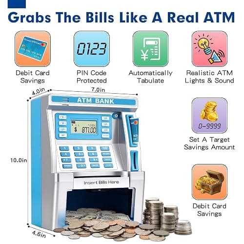 Blue Piggy Bank for Kids, ATM Machine Bank for Real Money with Debit Card, Bill Feeder, Coin Recognition, Balance Calculator, Electronic Savings Safe Box, Gifts for Teen Boy Girl thumbnail 3