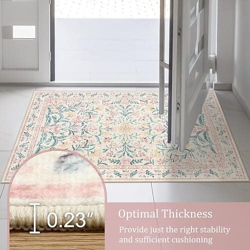 Morebes Floral Pink Rugs for Bedroom Girls, Washable 5x7 Large Area Rug for Living Room Non Slip, Vintage Low-Pile Indoor Floor Boho Flower Carpet for Kids Nursery Playroom, Light Pink&Green - Pink - 5' x 7' (Rectangular) thumbnail 7