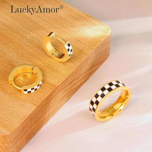 Checkered Jewelry Set for Women - 18K Gold Plated Stainless Steel Checkerboard Ring & Black and White Checkered Hypoallergenic Chunky Huggie Hoop Earring, Gift-Ready Packaging for Mother's Day Valentine's Day thumbnail 7