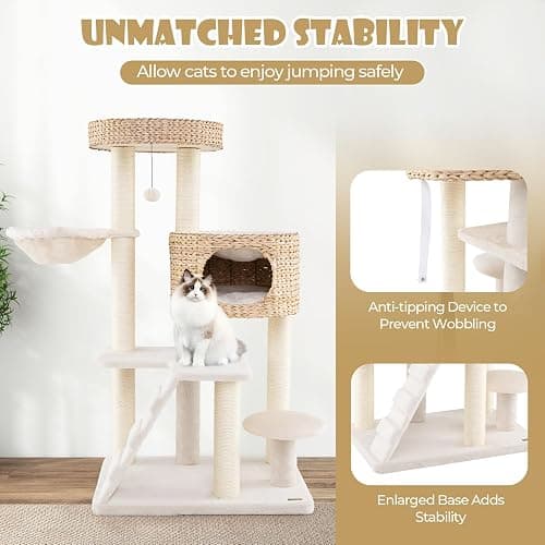 PETSITE 50 inch Cattail Cat Tree Tower, Multi-Level Cat Tower with Sisal Scratching Posts, Cat Condo, Cat Basket, Ladder, and Top Perch with Removable Soft Cushion, Modern Cat Tree for Indoor Cats thumbnail 8
