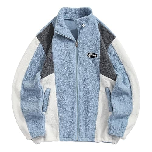 ZAFUL Men's Long Sleeve Zip Up Coat Faux Fur Ethnic Color Block Pullover Tops Pocket Drawstring Hem Oversized Outwear Jacket - Image 1