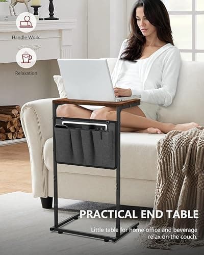Vantic C Shaped End Table, Small Side Table for Couch | Chair Side Table for Recliner, Slide Under Sofa Tray Desk with Storage Bag for Living Room and Bedroom, Rustic Brown thumbnail 3