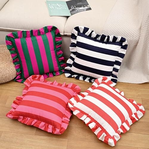 vctops Ruffle Square Throw Pillow Covers Boho Pink and Red Striped Decorative Pillowcases Set of 2, Soft Velvet Accent Cushion Cover Cases for Sofa Bed Living Room Decor (Pink,18"x18") thumbnail 7