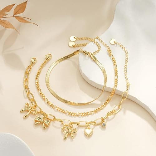 Maxcate 3PCS Charm Gold Bracelets for Women Non Tarnish,14k Plated Gold Bracelet Stack Cute Dainty Stackable Trendy Bow Cross Clover Bracelets Set Tarnish Free Gold Jewelry for Women Gifts thumbnail 6