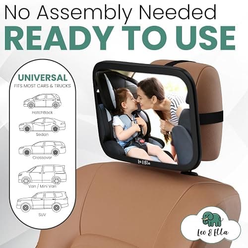 Leo and Ella - Baby Car Mirror - 10" Large Mirror w/Ultra Clear Infant View - Crash Tested Shatterproof Design w/ 360° Adjustable Mount, Premium Car Seat Mirror for Baby Rear Facing thumbnail 2