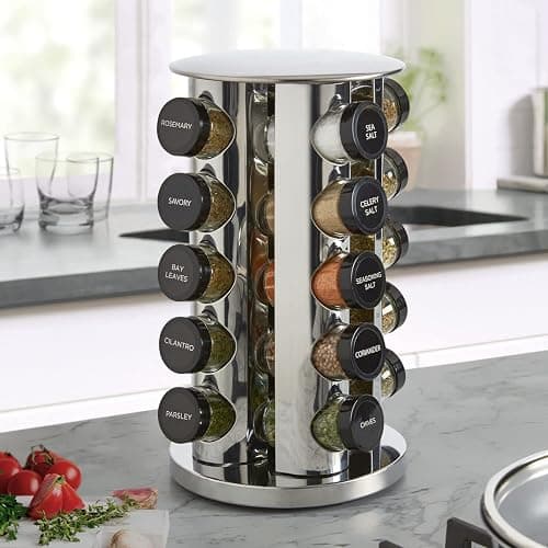 Kamenstein 20 Jar Revolving Countertop Spice Rack with Spices Included, FREE Spice Refills for 5 Years, Polished Stainless Steel with Black Caps, 30020 thumbnail 6