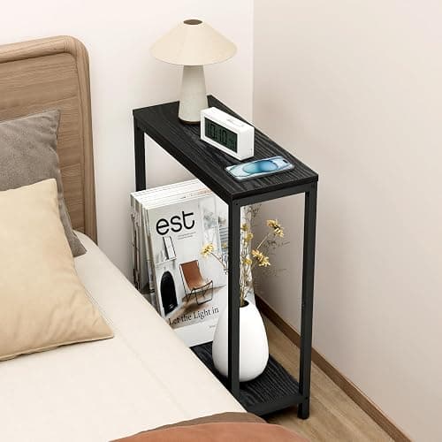 SLEEPING LAMB Narrow Small Side Table for Small Space, 2 Tier Sofa Skinny End Table for Living Room, Bedroom Beside Slim Nightstand, Rustic Black thumbnail 7