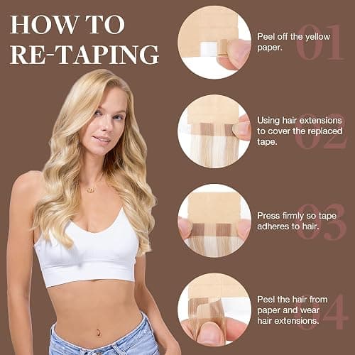 GOO GOO Tape in Hair Extensions Human Hair, 18A/613A Dark Blonde Highlighted Bleach Blonde, 20inch 100g 40pcs, Skin Weft Seamless Invisible, Silky Straight with Thick Ends, Remy Human Hair thumbnail 3