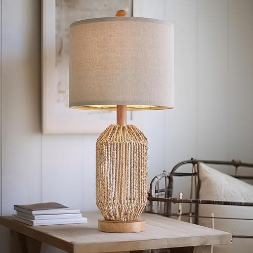 OYEARS 21" Boho Table Lamp for Living Room, Bedside Lamp for Nightstands, Rattan Lamp for Bedroom, Farmhouse Table Lamp for Room Decor, End Table, Retro, Brown, 1 Pack thumbnail 3