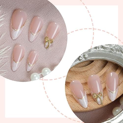 French Tip Press on Nails Medium Almond Fake Nails with Designs Gold Bow Glue on Nails White Acrylic False Nails Reusable Artificial Nails Press ons Glossy Full Cover Stick on Nails for Women - Gold Bow thumbnail 4