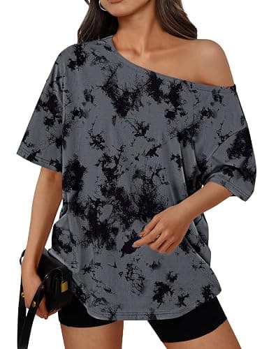 Trendy Queen Womens Off the Shoulder Tops Oversized T-Shirts Short Sleeve Tees Summer 2026 Casual Spring Clothes - Image 1