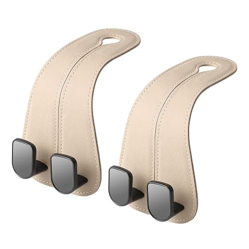 2 Pack KAFANLIN Car Headrest Hooks for Purses and Bags Cute Leather Car Seat Back Head Rest Double Hooks for Bags Cute Pink Beige Car Accessories Headrest Back Seat Handbags Hook (Beige 2 Pack) - Image 1