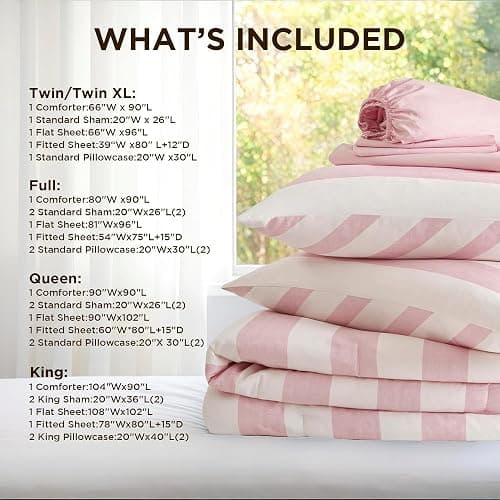 Reversible Striped Twin Comforter Set-Bed in A Bag 5-Pieces Bedding Set with Double-sided Stripes Design-Warm & Cozy Bed Set Includes Twin Size Comforter, Sheets Set, Pillowcase and Sham, Blush thumbnail 7