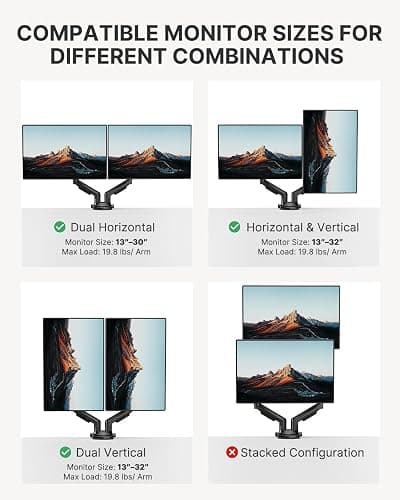 HUANUO Dual Monitor Stand, Fully Adjustable Monitor Desk Mount for 13–32″ Computer Screens, Full Motion VESA 75x75/100x100 with C-Clamp & Grommet Base, Each Arm Holds 4.4 to 19.8 lbs thumbnail 8