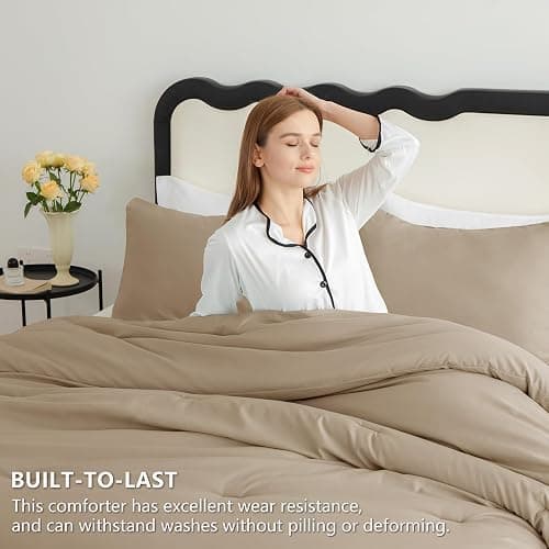 CozyLux Comforter Full Size Set Taupe, 3 Pieces Solid Lightweight Soft Bed Set for All Season, Luxury Breathable Quilted Style Microfiber Down Alternative Bedding Sets (1 Comforter & 2 Pillowcases) thumbnail 3