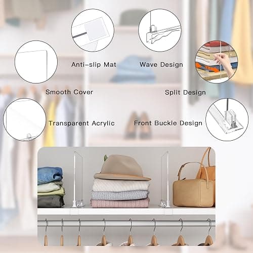 Fixwal 8 PCS Detachable Acrylic Shelf Dividers for Closet Organization Clear Shelf Divider for Closet Organizers and Vertical Purse Organizer for Closet, Bedroom, Kitchen, Office, Cabinets, Bathroom thumbnail 4