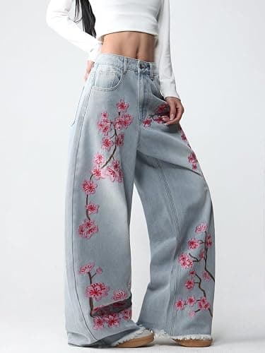 OYICAI Floral Embroider Baggy Jeans for Women Wide Leg Y2k Denim Pants | Hip Hop,Loose Fit,Long Trousers,Vintage 2000s Streetwear,Straight Leg,5 Pockets thumbnail 3