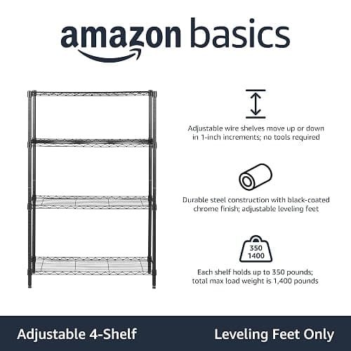 Amazon Basics 4-Shelf Adjustable Heavy Duty Steel Wire Rack Storage Shelving Organizer for Kitchen, Garage, 36" L x 14" W x 54" H, Black thumbnail 4